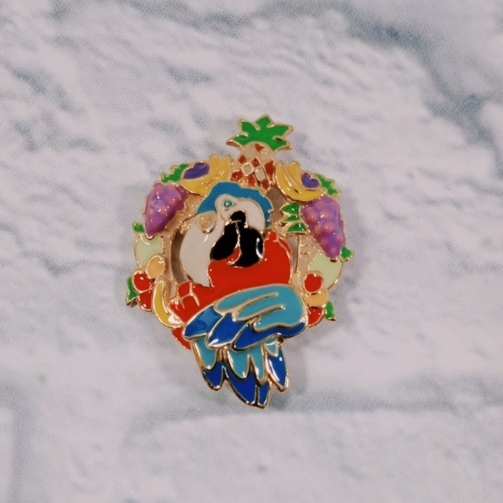 Parrot Island-Gold Tone-Enamel-Pin-Brooch-Bird Fruits